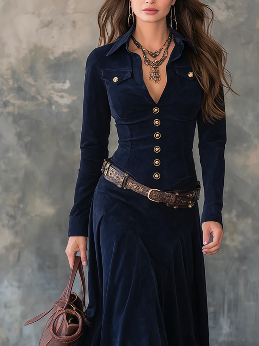 Vintage Flap Pocket Polyester Suede Maxi Dress (S opaskom)