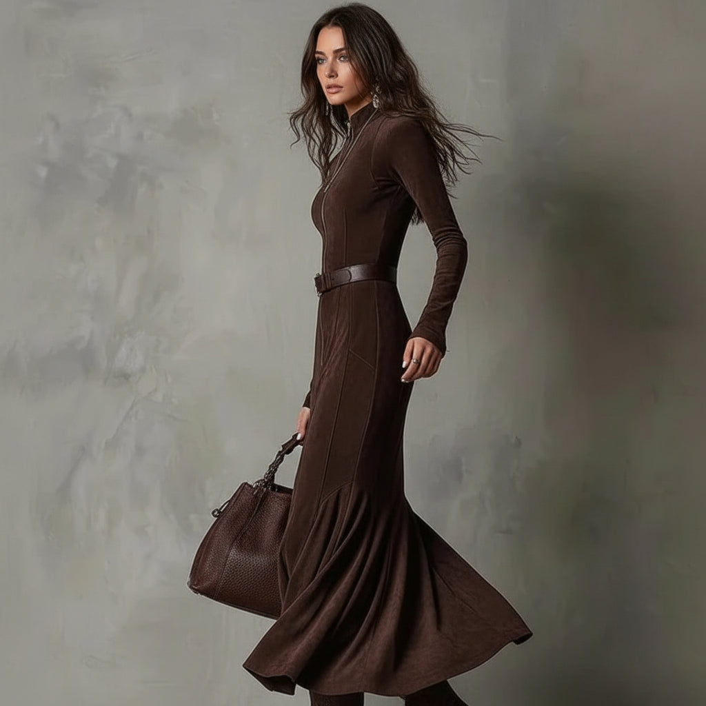 Julina | Elegantná Dlhá Šaty z Imitácie Semišu