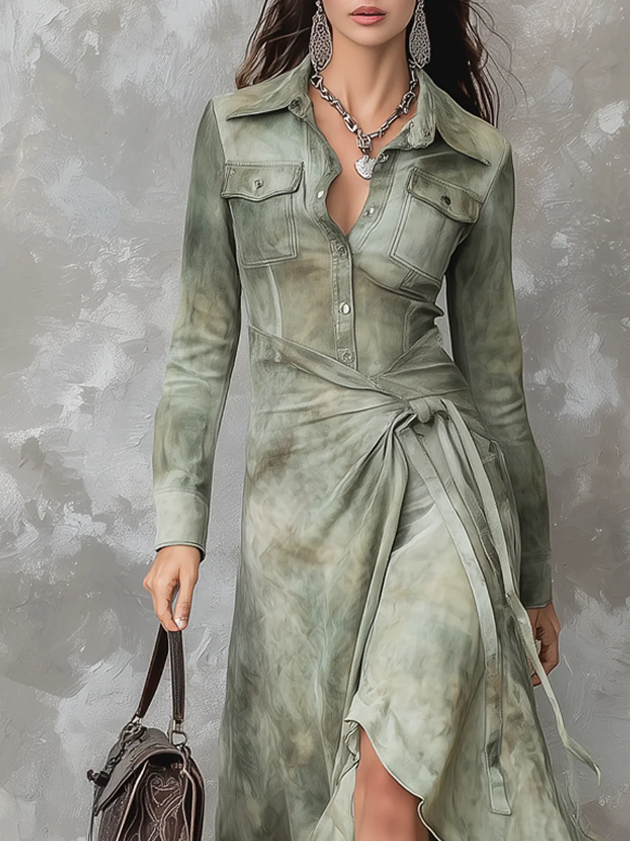 Vintage šalvia zelené tie-dye úzke maxi šaty s vreckami